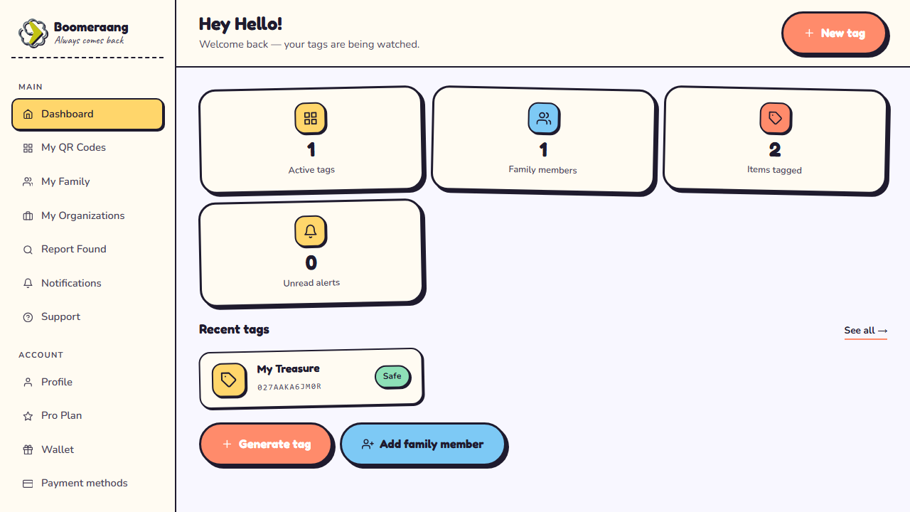The member dashboard with stat cards and quick actions