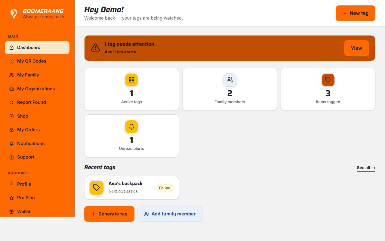 The member dashboard with stat cards and quick actions