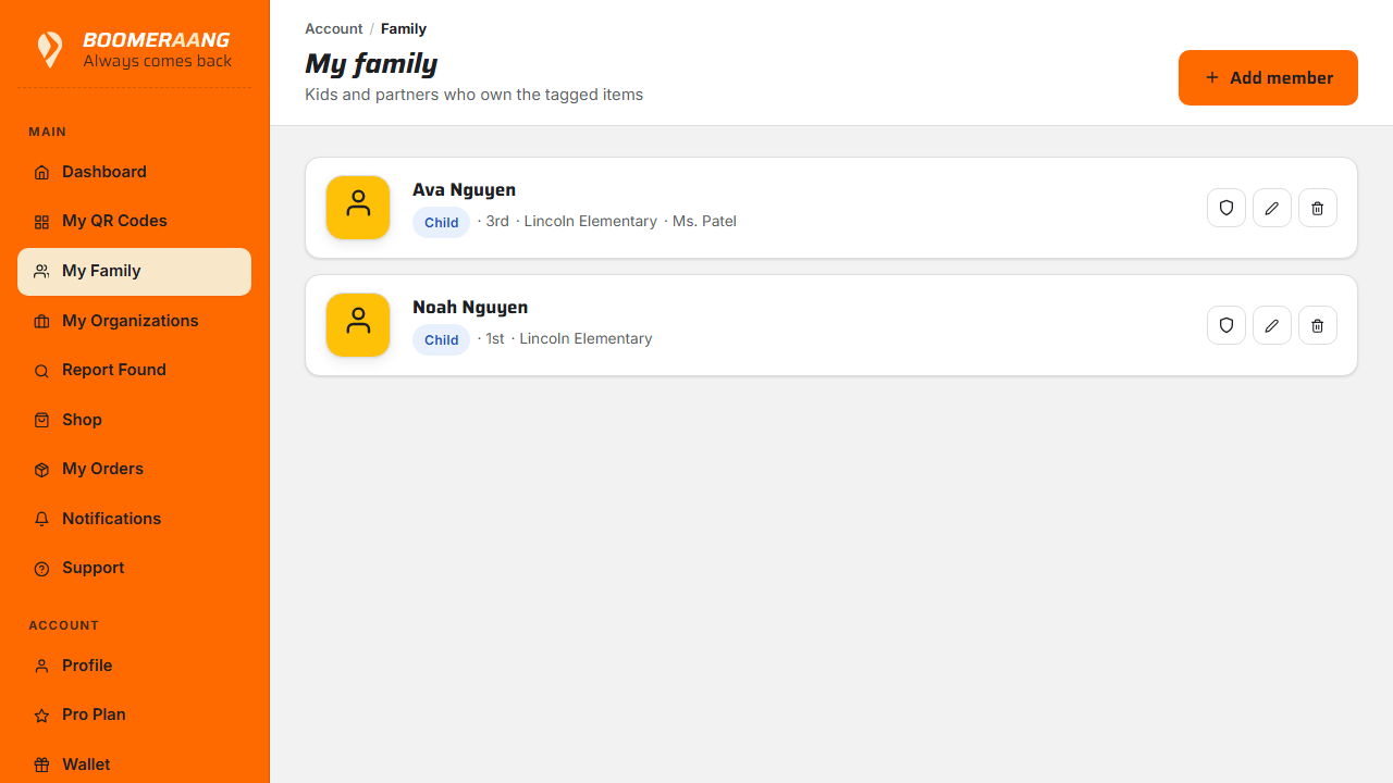 The family screen listing children and co-owners