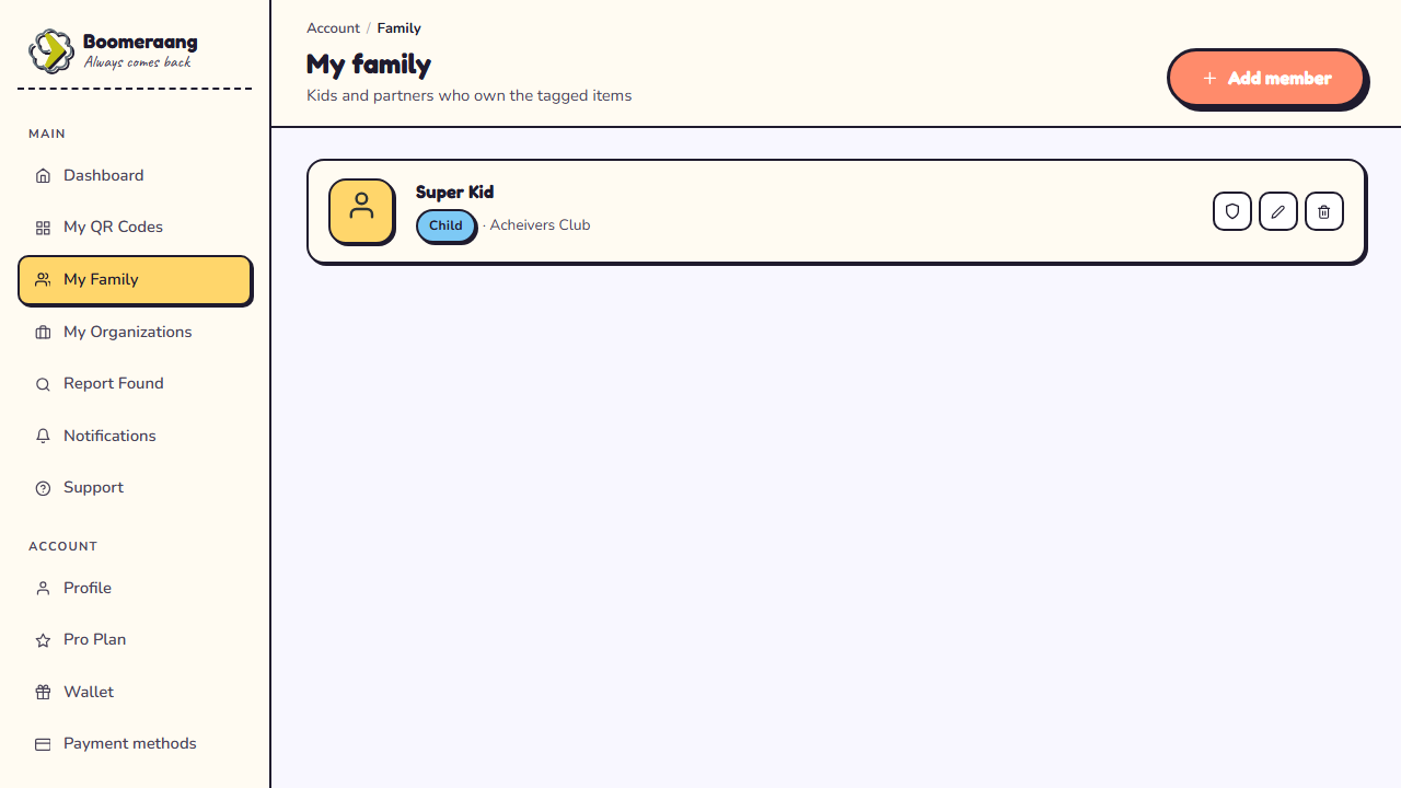 The family screen listing children and co-owners