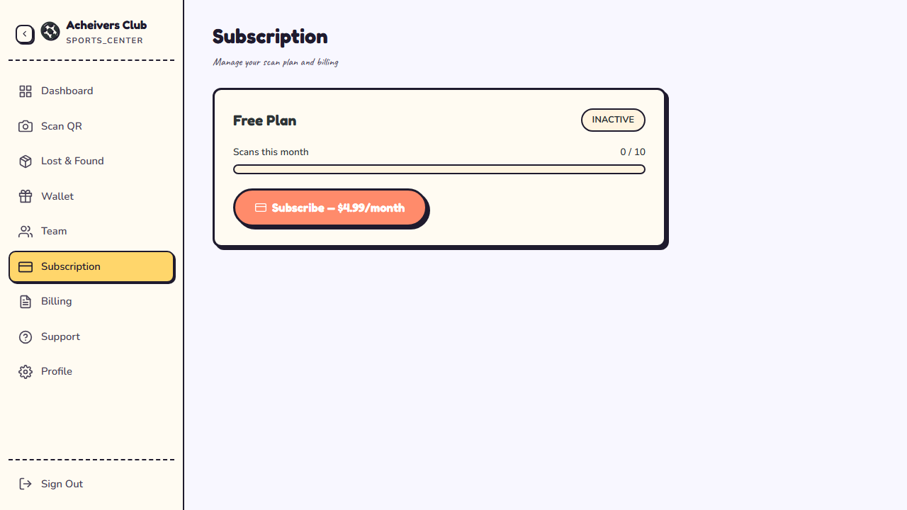 The organization subscription screen