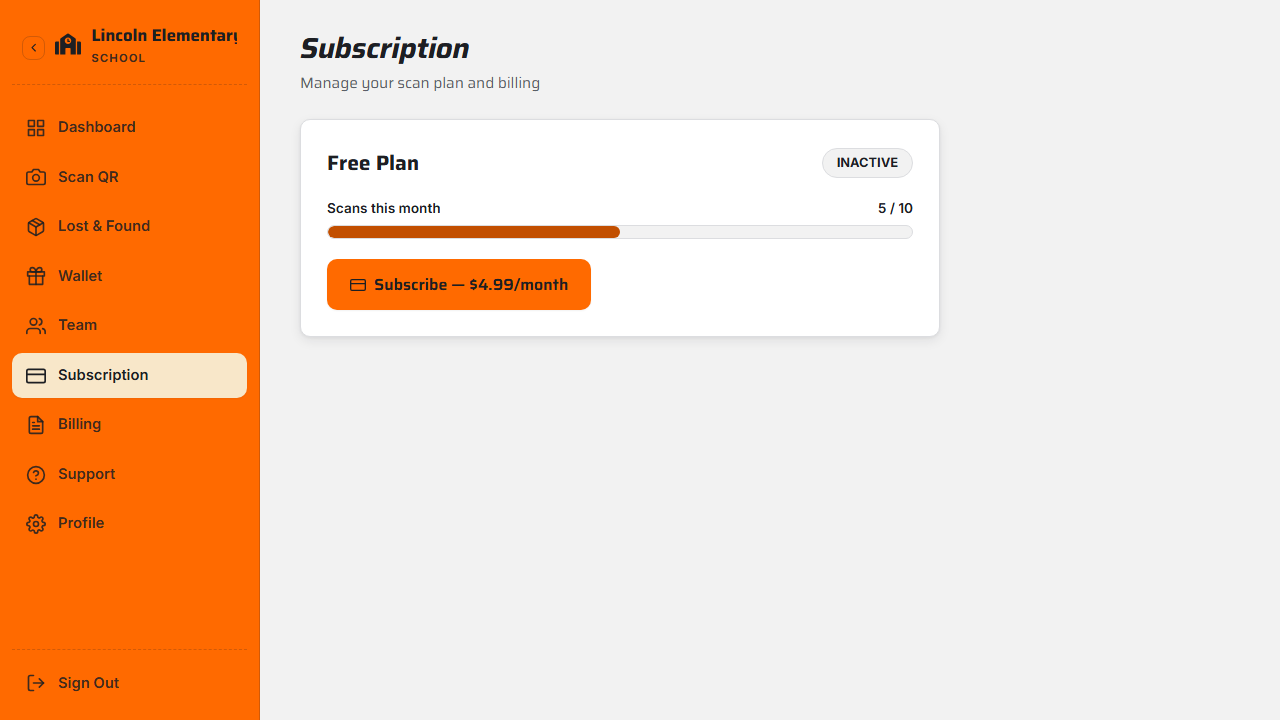 The organization subscription screen