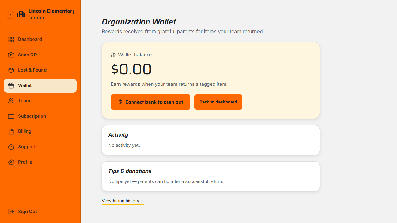 The organization wallet with balance and tips