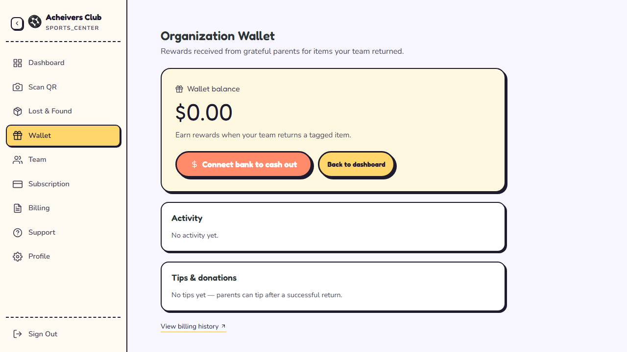 The organization wallet with balance and tips