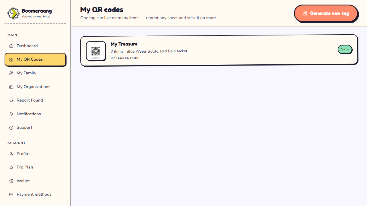 Registering a pre-printed tag by entering its code