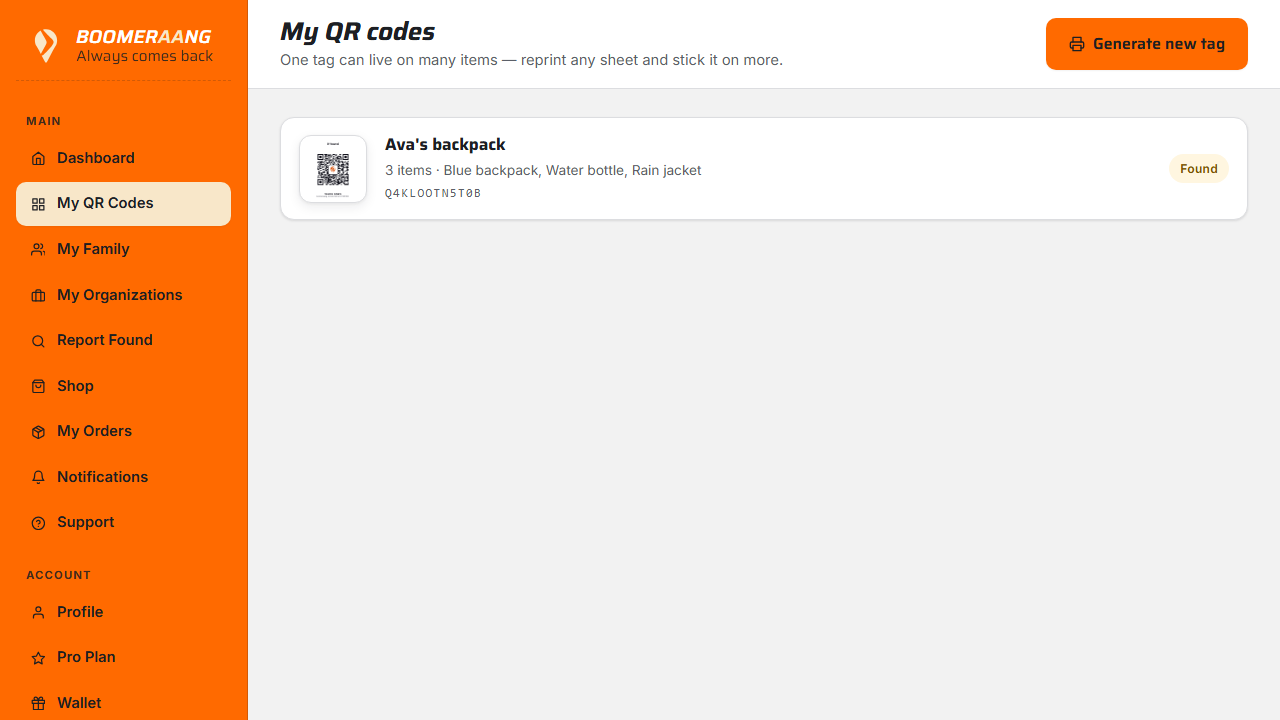 Registering a pre-printed tag by entering its code