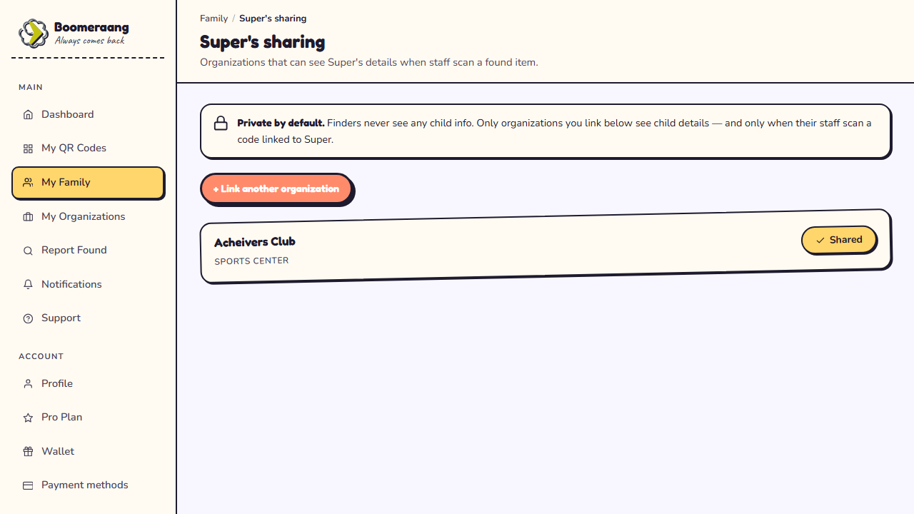 Sharing preferences for a linked child