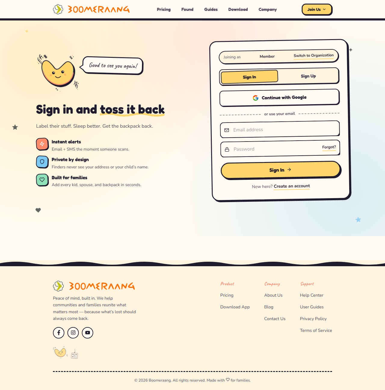 The Boomeraang sign-up screen