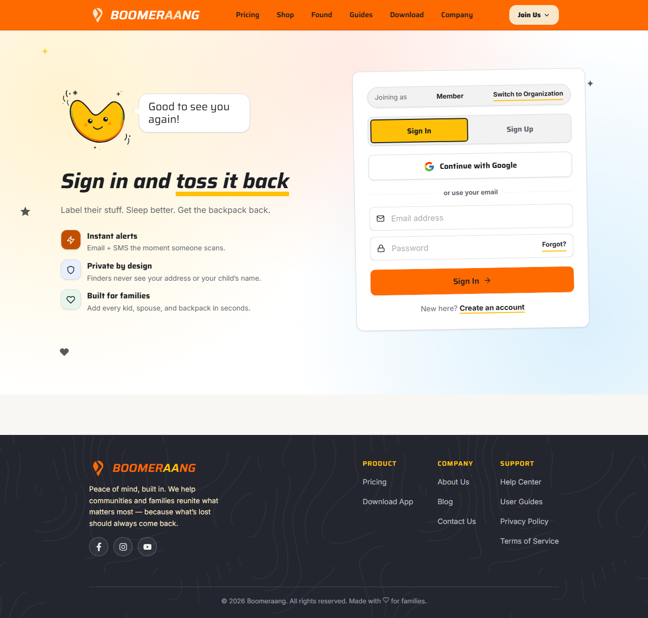 The Boomeraang sign-up screen