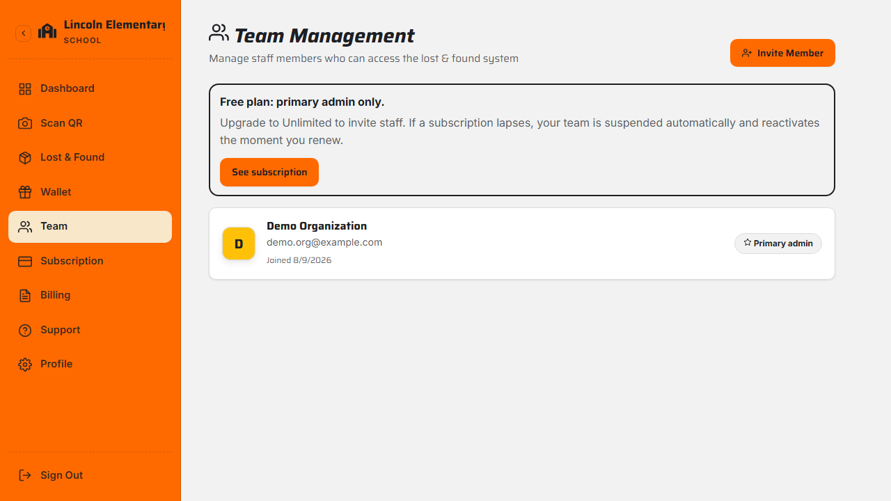 The team management screen