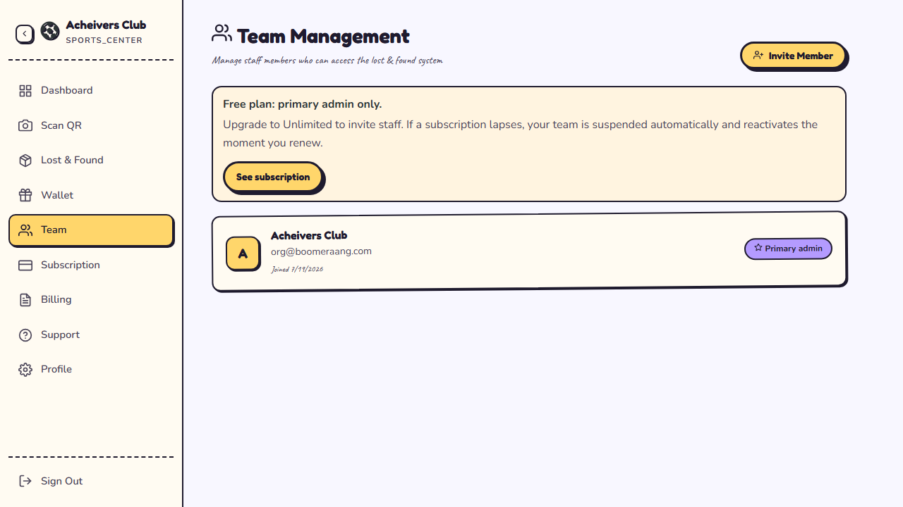 The team management screen